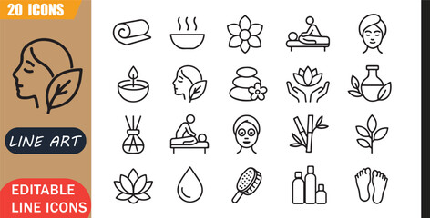 Fototapeta na wymiar Isolated spa wellness icons set, 20 editable line art icons set, relax massage therapy beauty health care treatment luxury, spa beauty tools, minimal clean outline vector