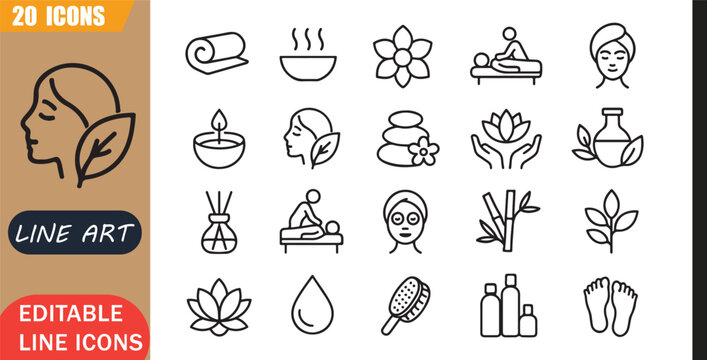 Isolated spa wellness icons set, 20 editable line art icons set, relax massage therapy beauty health care treatment luxury, spa beauty tools, minimal clean outline vector
