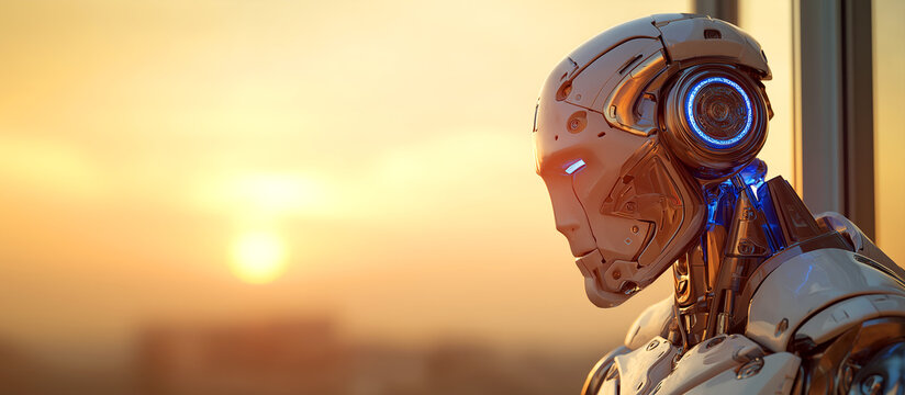 Advanced Humanoid Robot Profile with Glowing Blue Details against a Golden Sunset Cityscape, Future AI Technology Concept