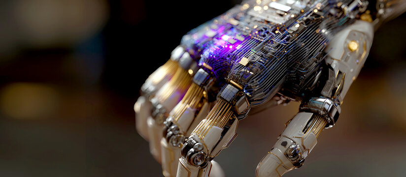 Close-up of a high-tech robotic hand with glowing internal circuits and microchips, futuristic bionic concept