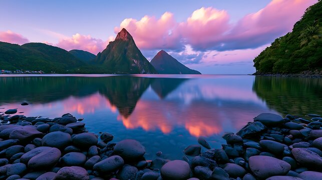 The Pitons mountains reflecting in calm water at sunset in St. Lucia