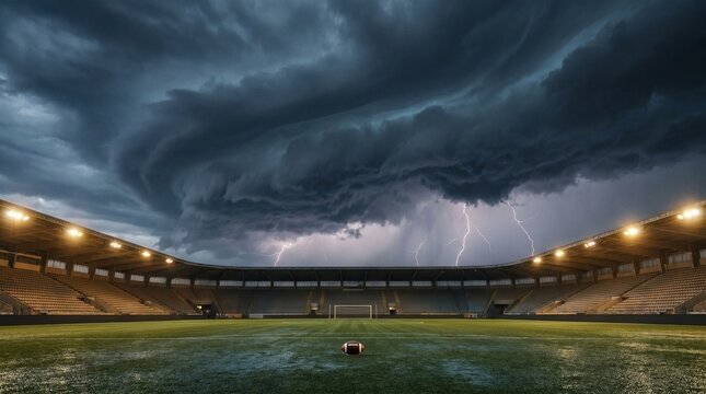 A soccer field with a stormy sky and lightning in the background