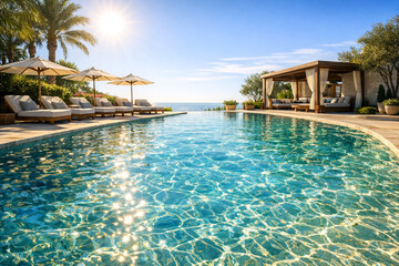 Obraz premium A serene oasis with crystal blue pool and lounge chairs under palm trees.