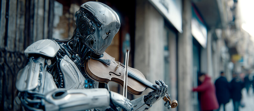 Futuristic humanoid robot playing violin on a city street, AI street performer busking in urban environment, 3D rendering