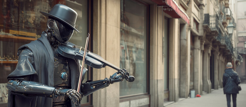 Futuristic humanoid robot street performer playing violin on a city sidewalk, cinematic cyberpunk style