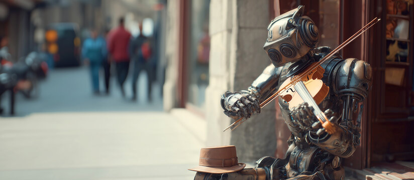 Futuristic Robot Street Performer Playing Violin on a Sunny City Sidewalk