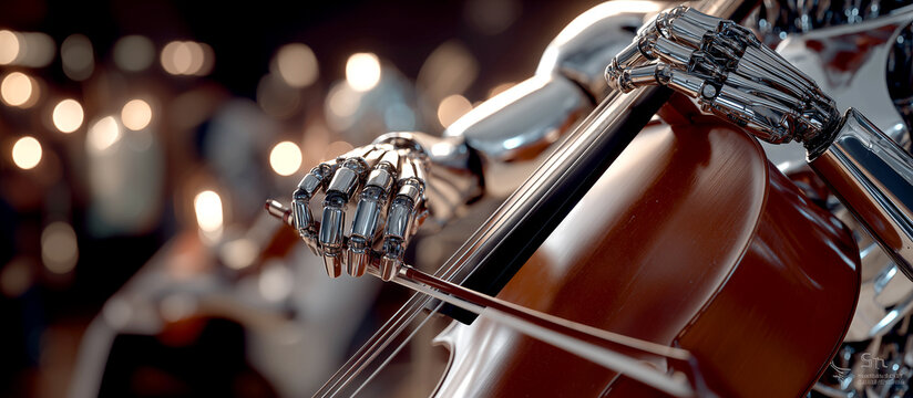 Macro Shot of a Highly Detailed Robotic Cyborg Hand Playing a Wooden Cello with a Bow in a Warmly Lit Orchestra Setting