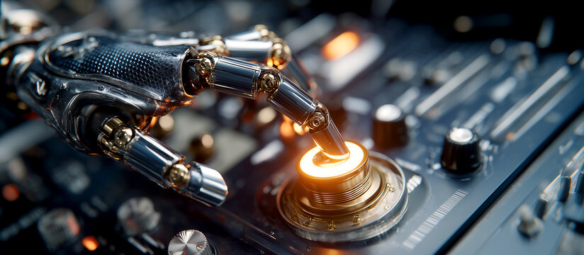 Macro Shot of a Highly Detailed Robotic Cyborg Hand Pressing a Glowing Button on a Professional Audio Mixer