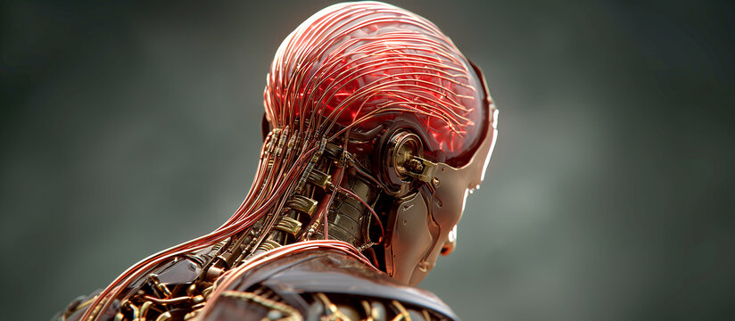 Rear view of a futuristic humanoid robot with exposed copper wiring and artificial brain structures, high-tech bionic concept