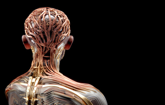 Rear view of a futuristic humanoid with intricate copper wiring and fiber optic nervous system on a black background