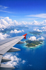 Obraz premium Beautiful aerial view of ocean and clouds with an airplane wing in the foreground.