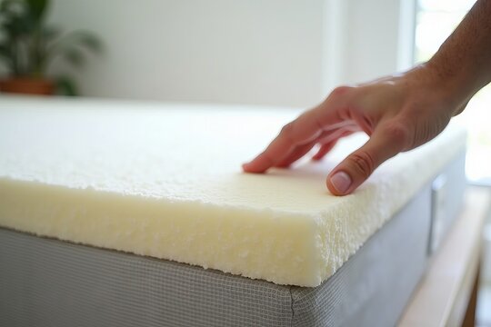 Hand pressing down on orthopedic memory foam core mattress for softness and comfort test.