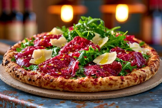 Gourmet bresaola rucola pizza with parmesan and olive oil