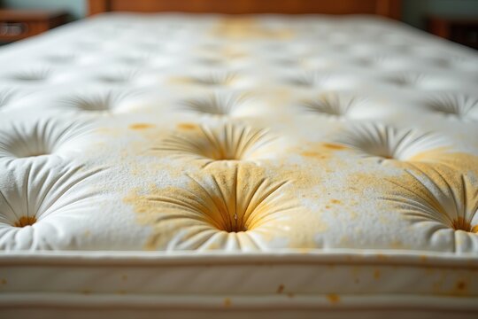 Close-up shot of a stained and deteriorated old mattress