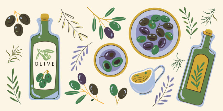 Olive oil and olives illustration earthy tones flat vector style