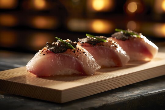 Truffle yellowtail sushi served on a wooden board in a luxury restaura
