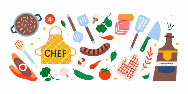 Flat vector illustration of a bbq grilling set with chef hat
