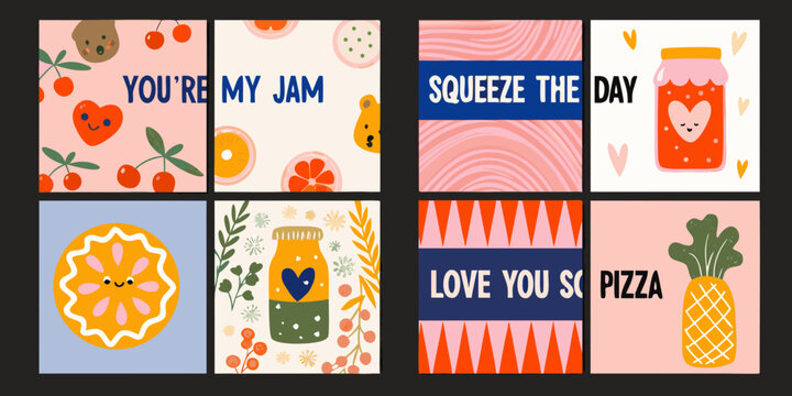 Retro style food pun greeting cards with cute fruit illustrations