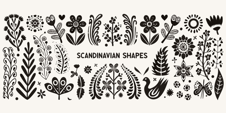 Scandinavian folk art silhouettes and floral shapes on white background