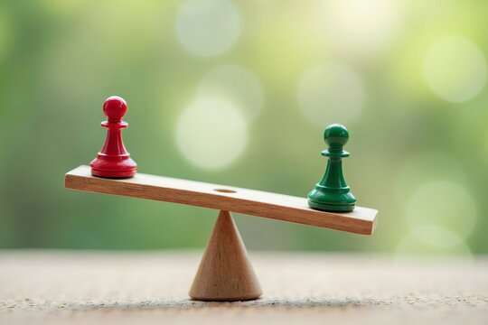 Symbolizing leverage and balance in business: Two pawn figures, one red and one green, teetering on a wooden seesaw.