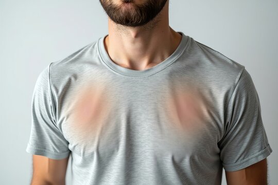 Effects of Hyperhidrosis Displayed by Man in Light Gray T-shirt with Sweat Stains