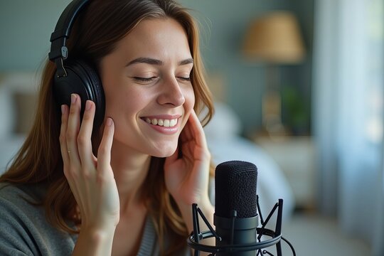 Title: Young woman uses microphone to create soothing ASMR sounds, helping with relaxation and stress reduction.