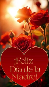 Felicitaci&oacute;n en video vertical con texto animado de &laquo;Feliz D&iacute;a de la Madre&raquo; dentro de un coraz&oacute;n rojo sobre un fondo de jard&iacute;n de rosas rojas. 