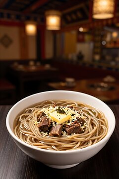 Bowl of traditional Xizang Tu Ba Mian with beef and yak butter