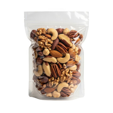 Mixed nuts in a clear stand-up pouch isolated on transparent background for healthy snack branding and packaging mockup