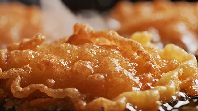Closeup of golden fried funnel cake with powdered sugar dusting.