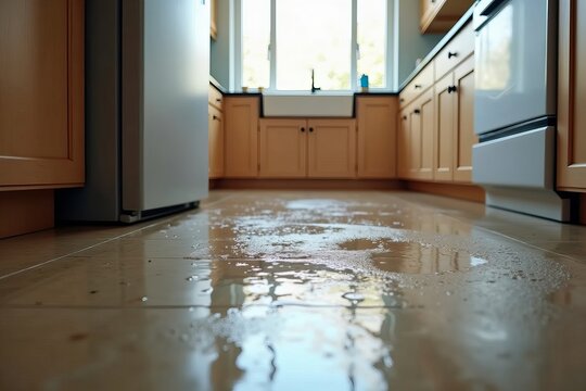 Flooded Kitchen Floor Close-Up: Water Damage Highlighting Refrigerator and Dishwasher