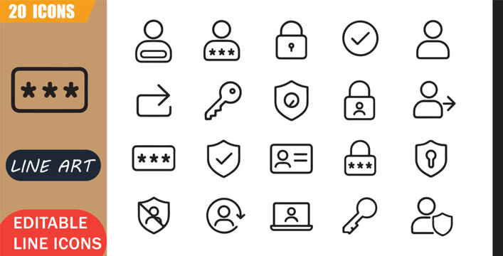 Isolated login authentication icons set, 20 editable line art icons set, password access secure account user sign security profile, login security tools, minimal clean outline vector