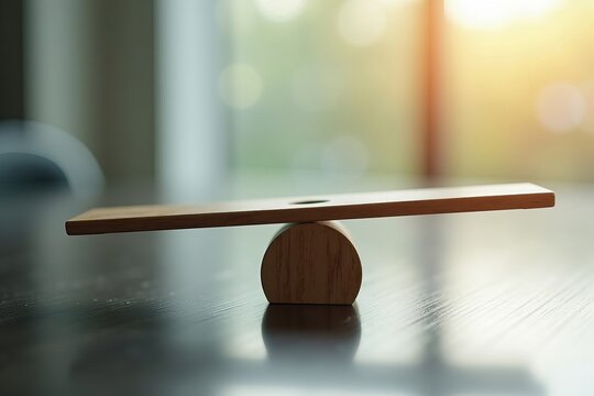 Balancing risk and reward in business decisions: Wooden seesaw close-up on reflective backdrop.
