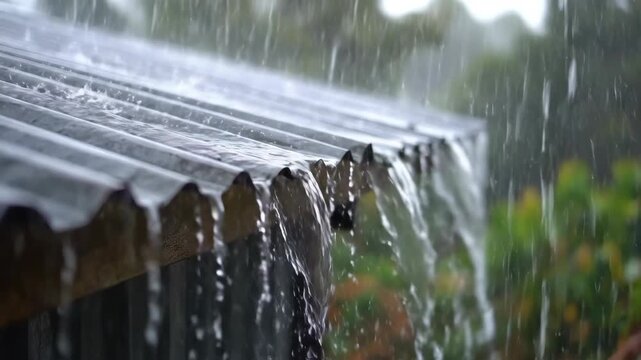 Heavy rain streaming down from a metal roof in a tropical storm. Detailed water flow and splash effects for nature and weather themes.