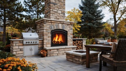 Obraz premium Outdoor living space with stone fireplace and grill
