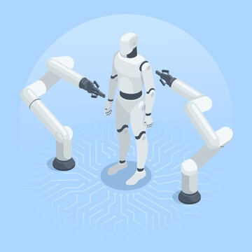 Isometric vector robotic manipulators create a humanoid robot, in color on a blue background, robotics or artificial intelligence