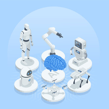 Isometric vector set of different types of AI-powered robots, in color on a blue background, robotics and AI development