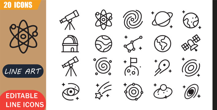 Isolated astronomy space icons set, 20 editable line art icons set, telescope galaxy planet universe science star observation research, astronomy science tools, minimal clean outline vector