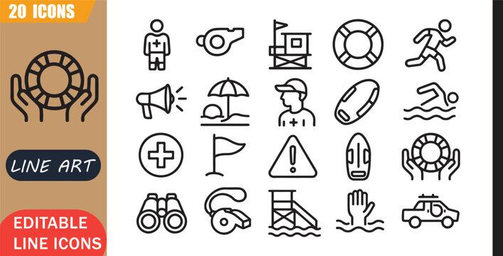 Isolated lifeguard safety icons set, 20 editable line art icons set, rescue beach emergency protection support water service alert, lifeguard rescue tools, minimal clean outline vector