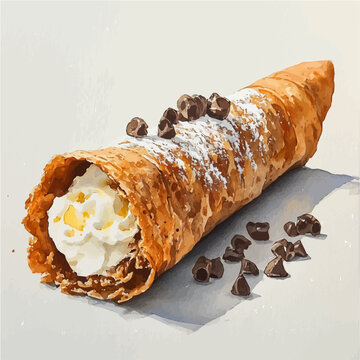 Cannoli, whimsical watercolor vector illustration with vibrant highlights and delicate strokes, isolated on a white background.