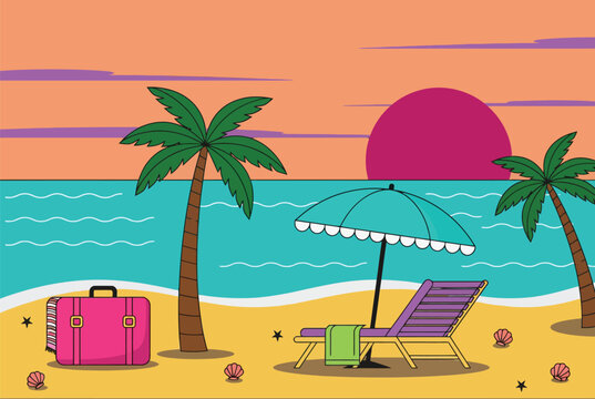 Tropical beach scene with palm trees, sunset, and beach hut