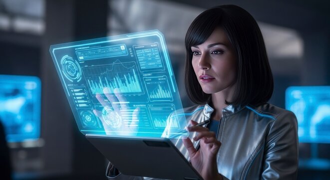 Une femme interagit avec un &eacute;cran holographique futuriste dans un environnement de haute technologie