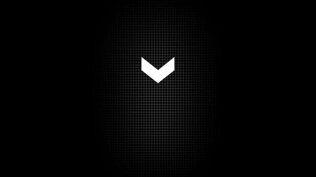 Colorful down arrow icon animation with directional movement on black background for UI navigation and scroll concept. 4K motion graphics.