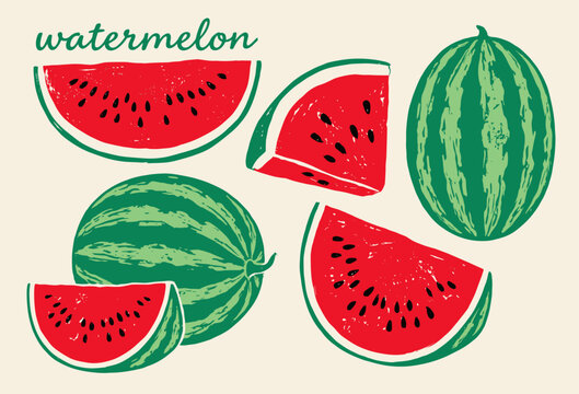 Watermelon elements set, whole and sliced summer fruit, triangle slice of watermelon vector illustration