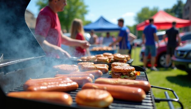 People grill hot dogs and burgers at outdoor parking lot party. Friends enjoy barbecue food with tents cars and sunny day. Casual summer fun event.