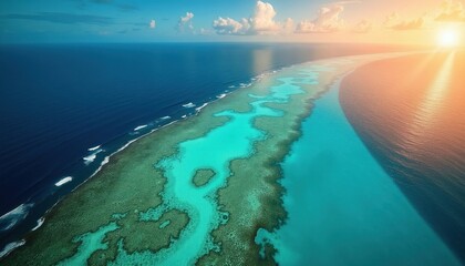 Obraz premium Aerial view shows vast ocean with clear turquoise water, coral reef formations. Sun sets casting warm orange glow over calm sea surface. Tropical paradise vacation destination with amazing marine