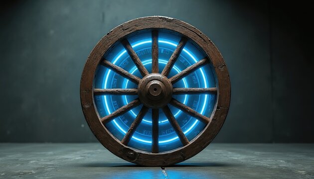 Old wooden wheel with bright blue glowing technology inside. Represents progress evolution from past to future. Contrasting elements show time travel or innovation. Rustic antique meets modern.