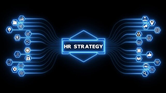 HR Strategy interface displaying corporate workforce dashboard with secure human resource management system and advanced digital technology..