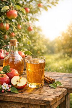 A glass of apple cider with cinnamon sitting on a rustic wooden table next to freshly picked apples. Warm and inviting autumn scene.