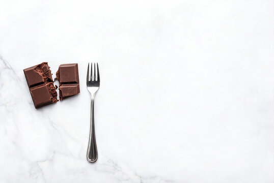 High-angle view of broken pieces of rich dark chocolate and a vintage silver fork on a white marble background. Minimalist composition for World Chocolate Day content. 